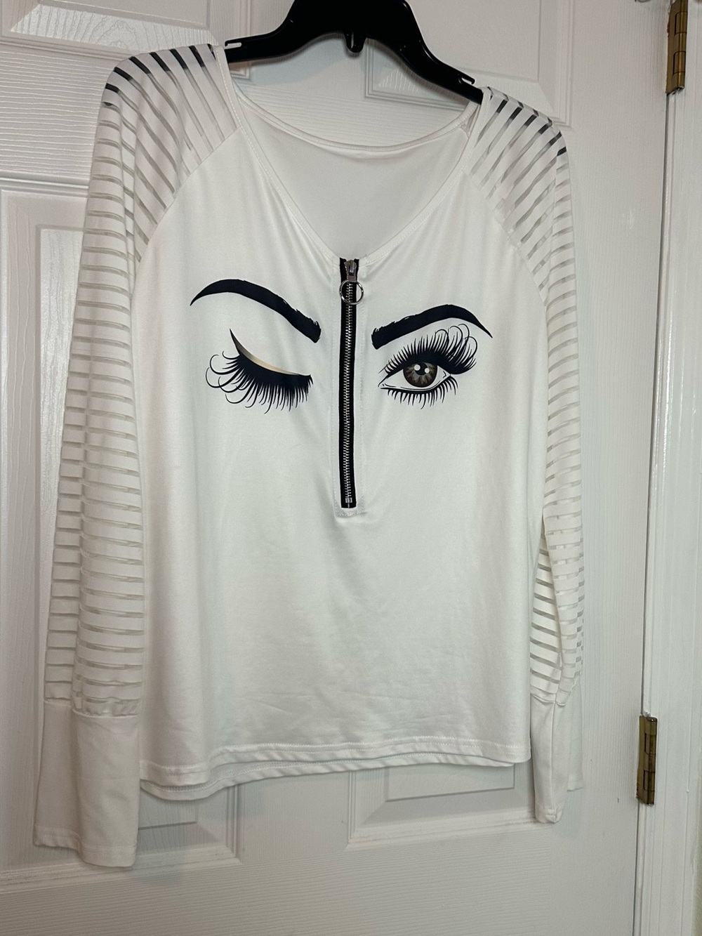White Zip-Front Eye Graphic Sheer-Striped Sleeve Top